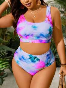 Swim Lushoire Plus Size Tie-Dye Wireless Bra & Bikini Bottom Beach Bikini Set For Summer,Summer Beach - Multicolor - View 6
