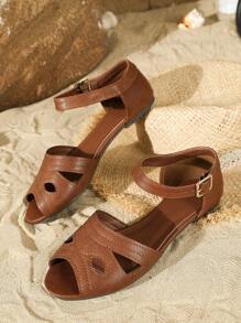 Women's Peep Toe Flat Sandals Summer Fashion Hollow Out Roman Flats Casual Outdoor Dancing Shoes Comfortable Slip Resistant Ankle Strap Brown Leather Beach Shoes Ballet Flats Brown Flat Shoes