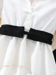 青少年女孩夏季白色短款泡泡袖高低下摆衬衫和裤子休闲两件套，度假，夏季，旅行 - 黑色 - 查看 3