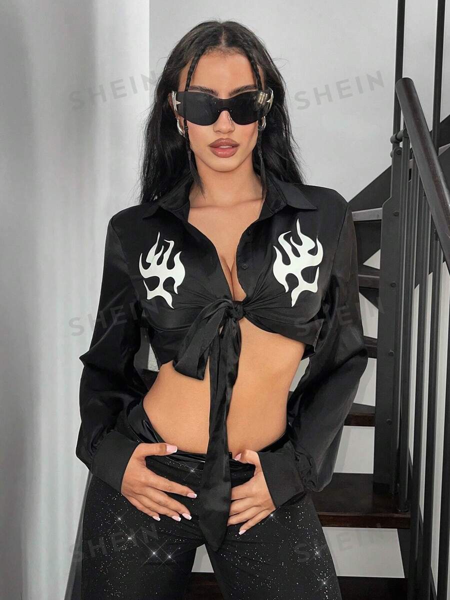 SHEIN ICON Camisa de manga larga para mujeres con estampado floral de moda y detalle de lazo en la parte delantera