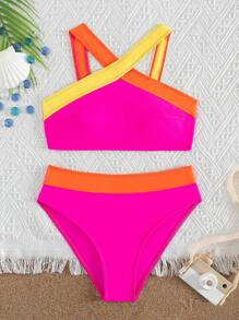 SHEIN Conjunto de bikini sin aros de bloques de color para adolescente, conjunto de bikini para playa y ocio en verano, playa de verano