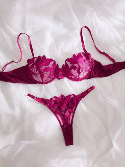 Esselle Women Verleidelijke Geborduurde Flower Underwear Set, Pieces Underwire BH Slipje Lingerie Set view 4