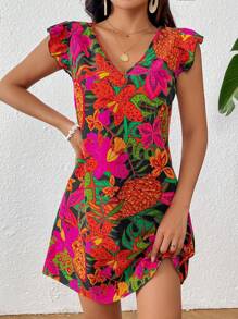 SHEIN VCAY Vestido decorado para mujer con estampado de flores tropicales - Multicolor - Ver 4