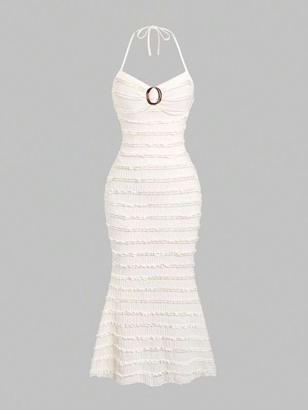Sweetra Rochie de vară pentru femei, cu gât cu căpăcel, cu inel circular, tiv cu volane și stil elegant, doamnă sexy, fără spate, inel, frâu cu mâneci, cu șalter, slim, lungă, cafea, uniformă, cami cu dungi Rochii lungi pentru femei, primăvară/vară, ținută ocazională de zi cu zi.