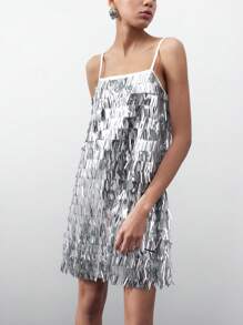 Maija Women's Metallic Fringe Spaghetti Strap Dress - Silver - View 5