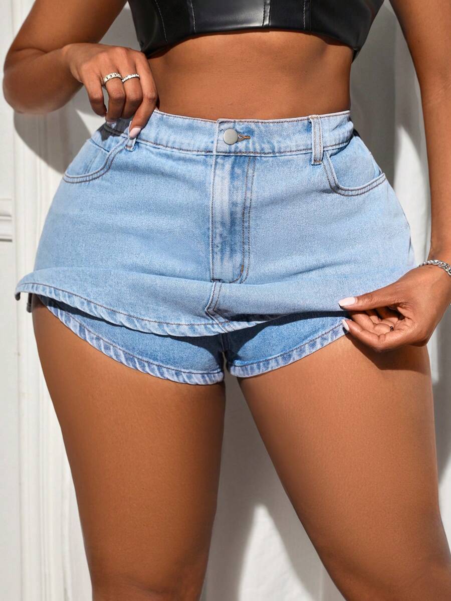 Slaydiva Plus Size Denim Non-Stretch Sexy Skort, Fashionable And Versatile - Blue - View 1