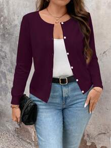 SHEIN LUNE Áo len cardigan nữ màu trơn đơn giản hàng ngày cỡ lớn, cho mùa đông - Màu đỏ tím - Xem 1