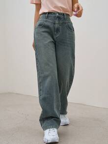 Dazy Designer Women's Vintage Washed Loose Straight Leg Jeans - Blue - View 7