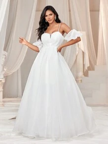 SHEIN Belle 優雅浪漫印花露肩燈籠袖V領婚禮禮服 - 白色 - 查看 6