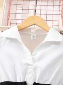 青少年女孩夏季白色短款泡泡袖高低下摆衬衫和裤子休闲两件套，度假，夏季，旅行 - 黑色 - 查看 6