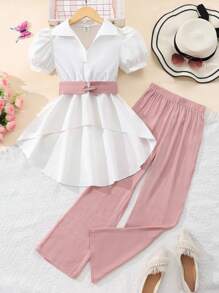 SHEIN 青少年女孩时尚泡泡袖上衣和长裤两件套服装，适合度假、夏季、旅行 - 藕粉色 - 查看 1