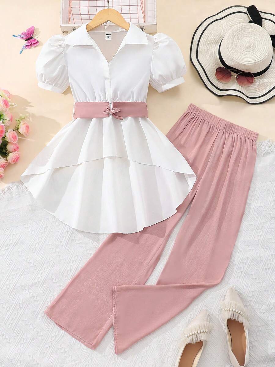 SHEIN 青少年女孩时尚泡泡袖上衣和长裤两件套服装，适合度假、夏季、旅行 - 藕粉色 - 查看 1