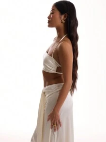 MUSERA Satin Straight Neck Tie Back Bralet Vacation Spring Summer Festival - White - View 3