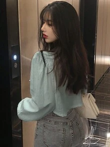 DAZY 女士纯色短吊带荷叶边 V 领衬衫、长袖上衣夏季