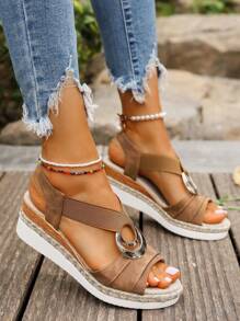 Women's Elastic Sandals, New Summer Platform Wedge Heels, Straw Woven Lightweight Soles, Vacation Style Versatile, Mesh Skirt Suitable, Brown Color, Open Toe Casual Sandals For Women - Brown - View 7