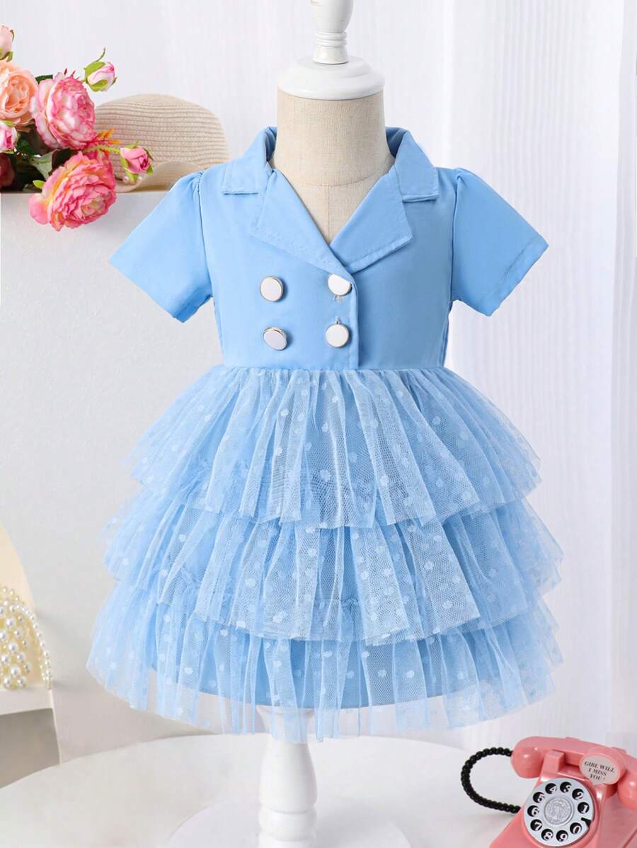Baby Girl Polka Dot Tulle Patchwork Layered Cake Dress Double-Breasted Suit Collar Dress - Blue - View 1