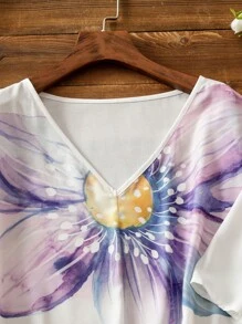 EMERY ROSE Plus Size V-Neck Printed Casual Daily Wear Spring And Summer Shirt - White - View 4