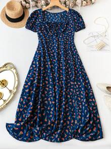 SHEIN Clasi Đầm đi nghỉ tay cổ vuông in hình cỡ lớn cho mùa hè - Màu xanh lam - Xem 1