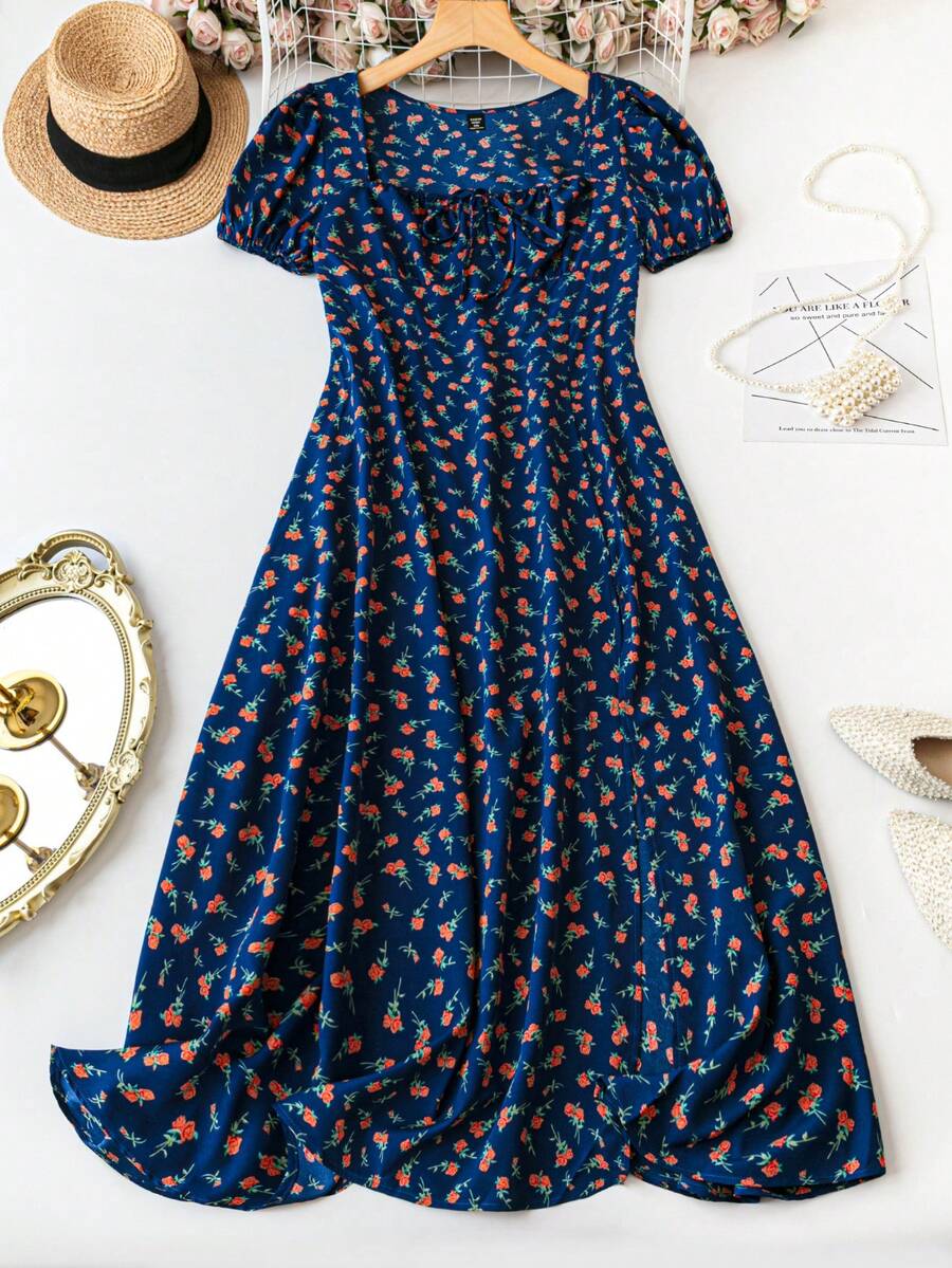 SHEIN Clasi Đầm đi nghỉ tay cổ vuông in hình cỡ lớn cho mùa hè - Màu xanh lam - Xem 1