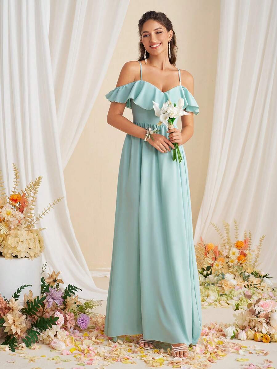 SHEIN Belle Abito da damigella d\"onore per adulti con spalline sottili e orlo svolazzante - Verde - Visualizzare 1