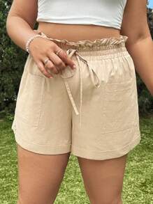 SHEIN EZwear Women Plus Size Ruffle Waist Solid Color Shorts