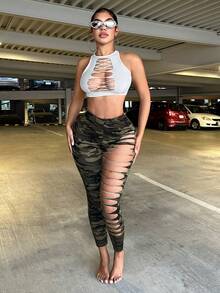 SHEIN SXY 夏季休闲街头风破洞紧身迷彩打底裤 - 彩色 - 查看 7