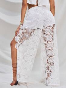 Soleia Pantalones de pierna ancha suelta de moda con encaje soluble en agua, diseño de hueco y abertura