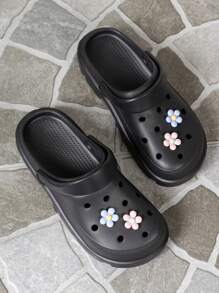 花卉图案轻便女士甜美防水塑料两穿厚底EVA镂空鞋，沙滩装 - 黑色 - 查看 3