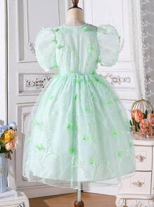 SHEIN 適合青少年女孩的夏季綠色荷葉袖刺繡公主裙，配有3D花朵，適用於婚禮和派對 - 薄荷綠 - 查看 2