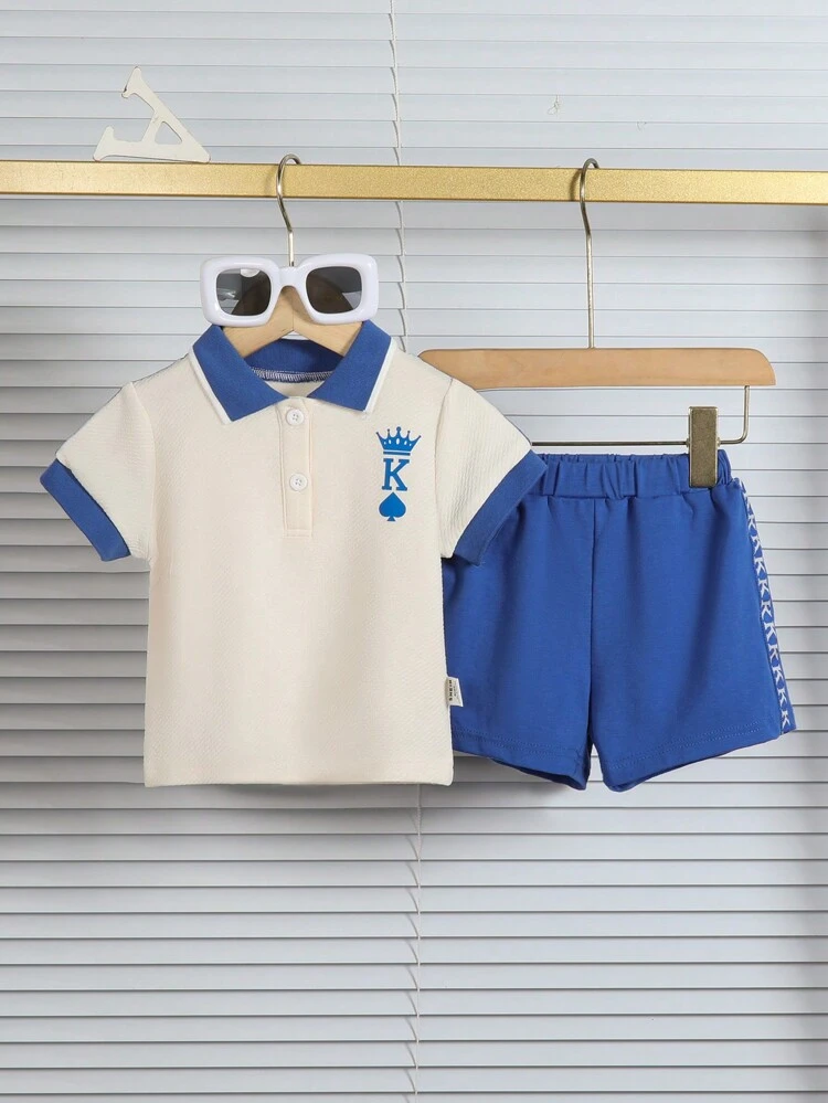 Baby Boy 2-Piece Casual Sports Letter Print Outfits, Basic Collar Design, Suitable For Spring And Summer Outings