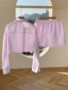 Comfortcana Women Striped Off-Shoulder Long Sleeve Shirt And Shorts Casual Set For Spring/Summer