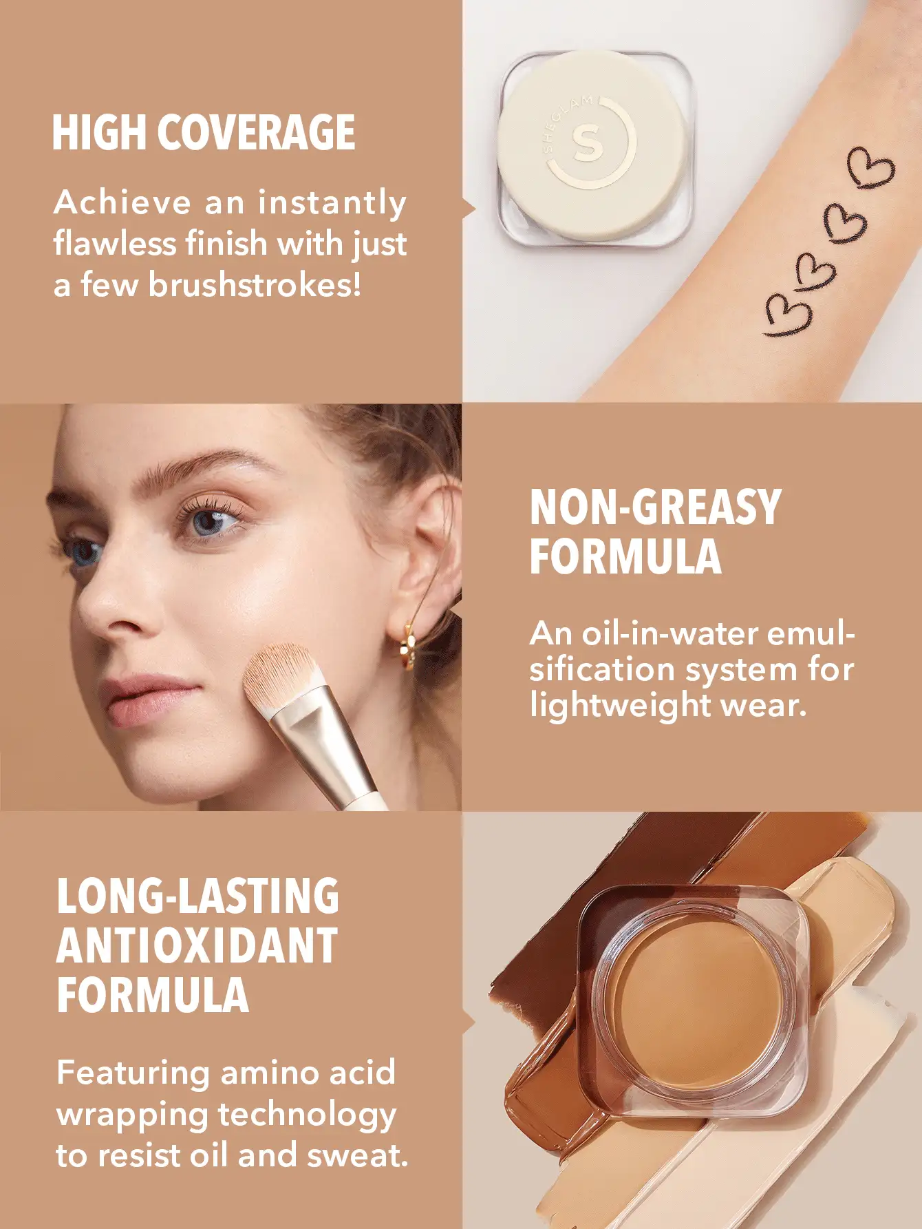 SHEGLAM Full Coverage Foundation Balm-Camel Long Lasting Flawless Moisturizing Foundation Oil-Control Color Corrector Concealer Pore-Less Cover Blemish Non-Greasy Non-Caking Smoother-Looking Cream Foundation Brand Beauty Makeup Face Paint Cosmetic For Women Girls Perfect For Spring Summer Ideal For Y2K Fancy Fashion Suitable For Birthday Mother'S Day Gift Rave Party Ready Best Color - Camel - View 4