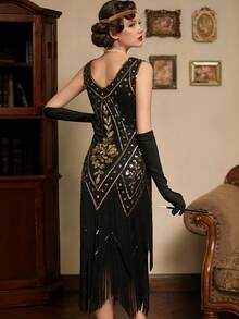 Vestido Largo De Flecos Gatsby, Vestido Con Flecos Y Lentejuelas De Los Años 20 Para Mujer Sin Mangas - Negro - Ver 2