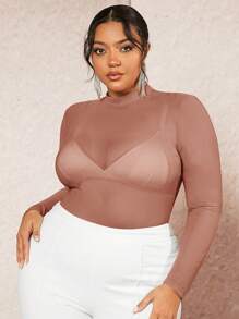 SHEIN BAE Plus Size Tay dài cổ cao Cổ đứng Lưới bó sát Áo bán xuyên thấu thời trang - Hồng - Xem 1