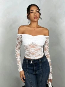 SHEIN BAE Blusa de verano blanca sólida, de manga larga, con hombros descubiertos y con detalles de encaje, romántica y vaporosa, para mujer - Blanco - Ver 3