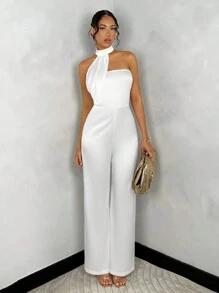 SHEIN BAE Summer White Solid Color Satin Halter Asymmetrical Graduation Dress With Wide Leg Jumpsuit White Jumpsuit Womenelegant Jumpsuitjumpsuits Ladies Party - White - View 6