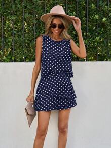 SHEIN Clasi Bộ đồ hai mảnh quần short chấm bi thời trang mùa hè cho nữ - Màu xanh lam - Xem 4