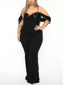Plus Size Màu trơn nối liền vai lạnh sáng bóng - màu đen - Xem 1