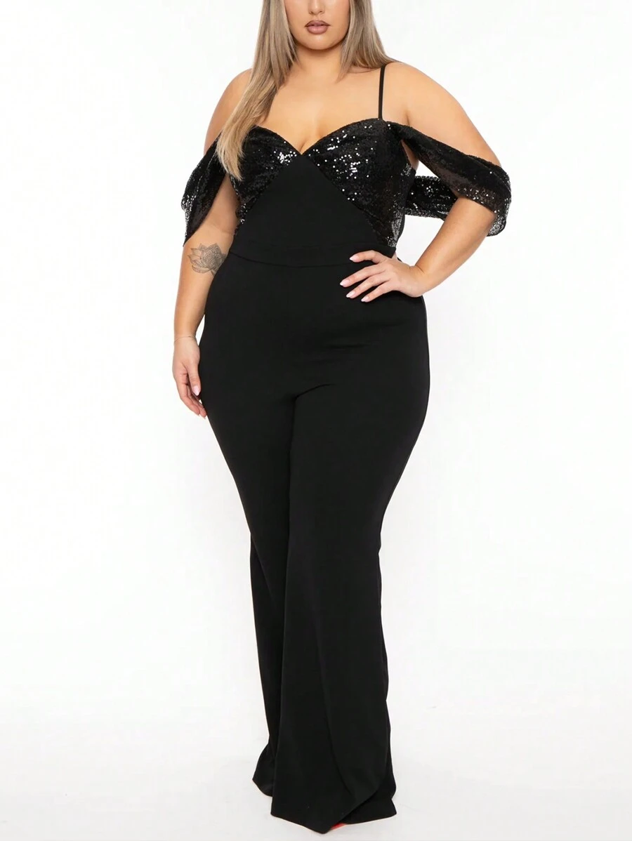 Plus Size Màu trơn nối liền vai lạnh sáng bóng - màu đen - Xem 1