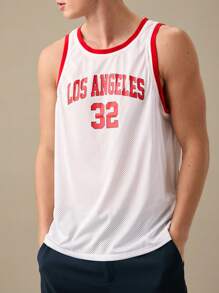 Manfinity VCAY Men Letter Graphic Striped Trim Mesh Tank Top,Back To School - White - View 2