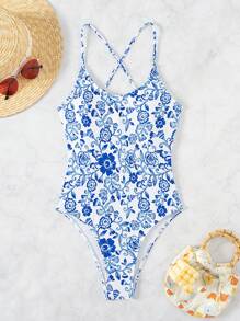 SHEIN Swim Summer Beach Plant Print Crisscross Back One Piece Swimsuit
