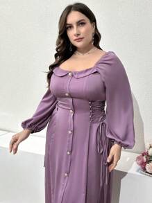 Modelyn Vestido largo de manga larga con diseño de botones y cinturón de moda para tallas grandes, vestido de noche largo para primavera y verano - Morado - Ver 2