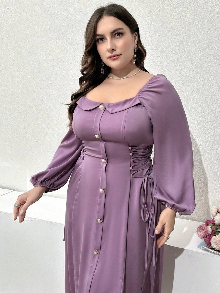 Plus Size Fashionable Belted Button Design Spring Summer Long Sleeve Dress Long Evening Dresses