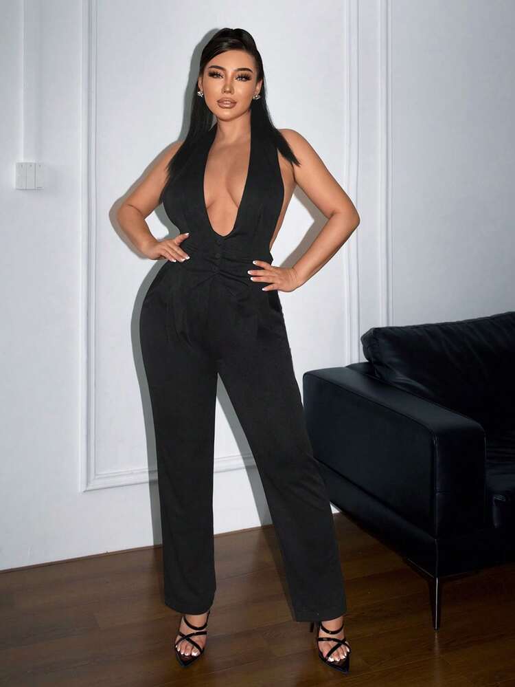 Summer Sleeveless Deep V-Neck Backless Halter Jumpsuit With Suit-Style Design