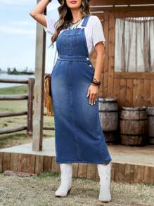SHEIN LUNE Ladies" Fashion Solid Color Denim Overall Dress - Medium Wash - View 3