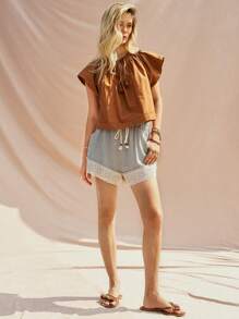 Bohemela Casual Ladies Shirred Detail Tie Neck Shirt - Brown - View 4