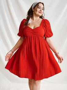 Sunnyshic Plus Holiday V-Neck Bubble Sleeve A-Line Dress - Red - View 4