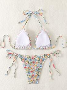 SHEIN Swim Women Ditsy Floral Print Halter Bikini Set For Summer Beach - Multicolor - View 8