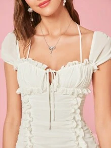 Enchnt Women Summer Sundress Short With Pleated Ruffles Heart-Shaped Neckline Hawaiian