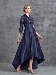 Women's Flat Collar High Low Hem Formal Dress Elegant Mother Of The Bride Dress - Navy Blue - View 5